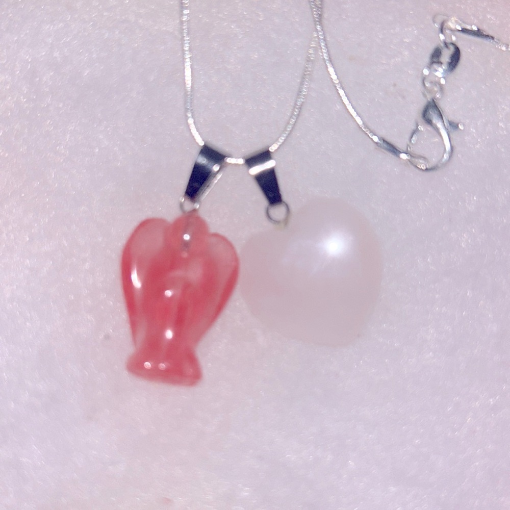 Boho Cherry Quartz Crystal Angel and Rose Quartz Sterling Silver Necklace 16”